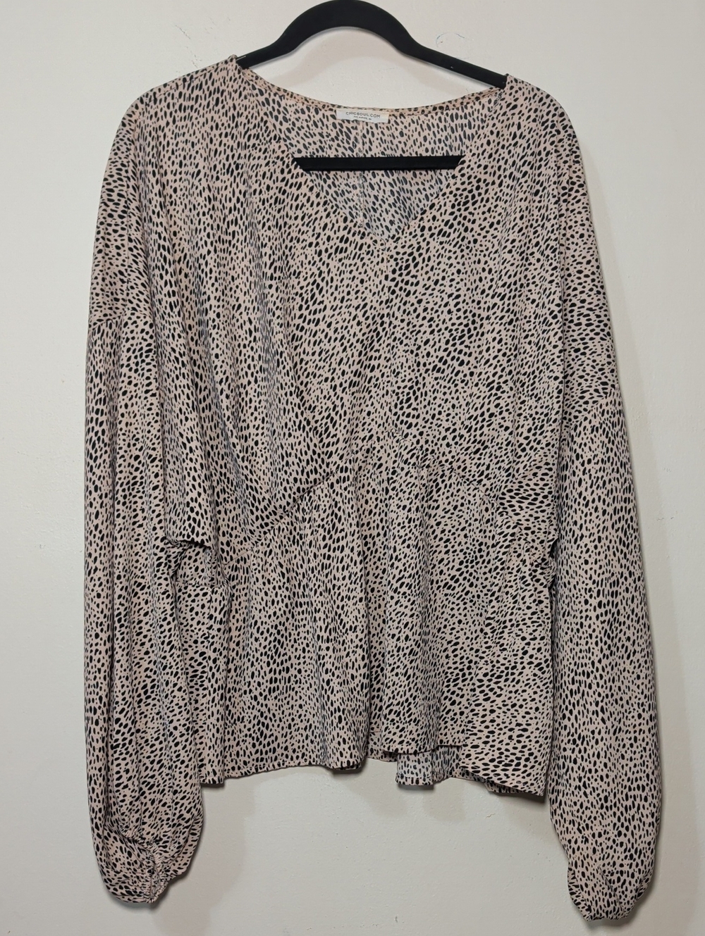 Chicsoul Leopard Print Peplum Blouse Cream Black Bishop Sleeve Women's Size 3X
